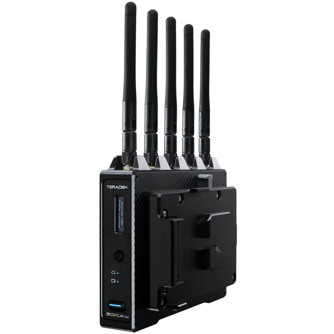 Teradek Bolt 4K 1500 wireless receiver with 12G-SDI and HDMI ports mounted on V-mount for professional video production equipment. – image 1