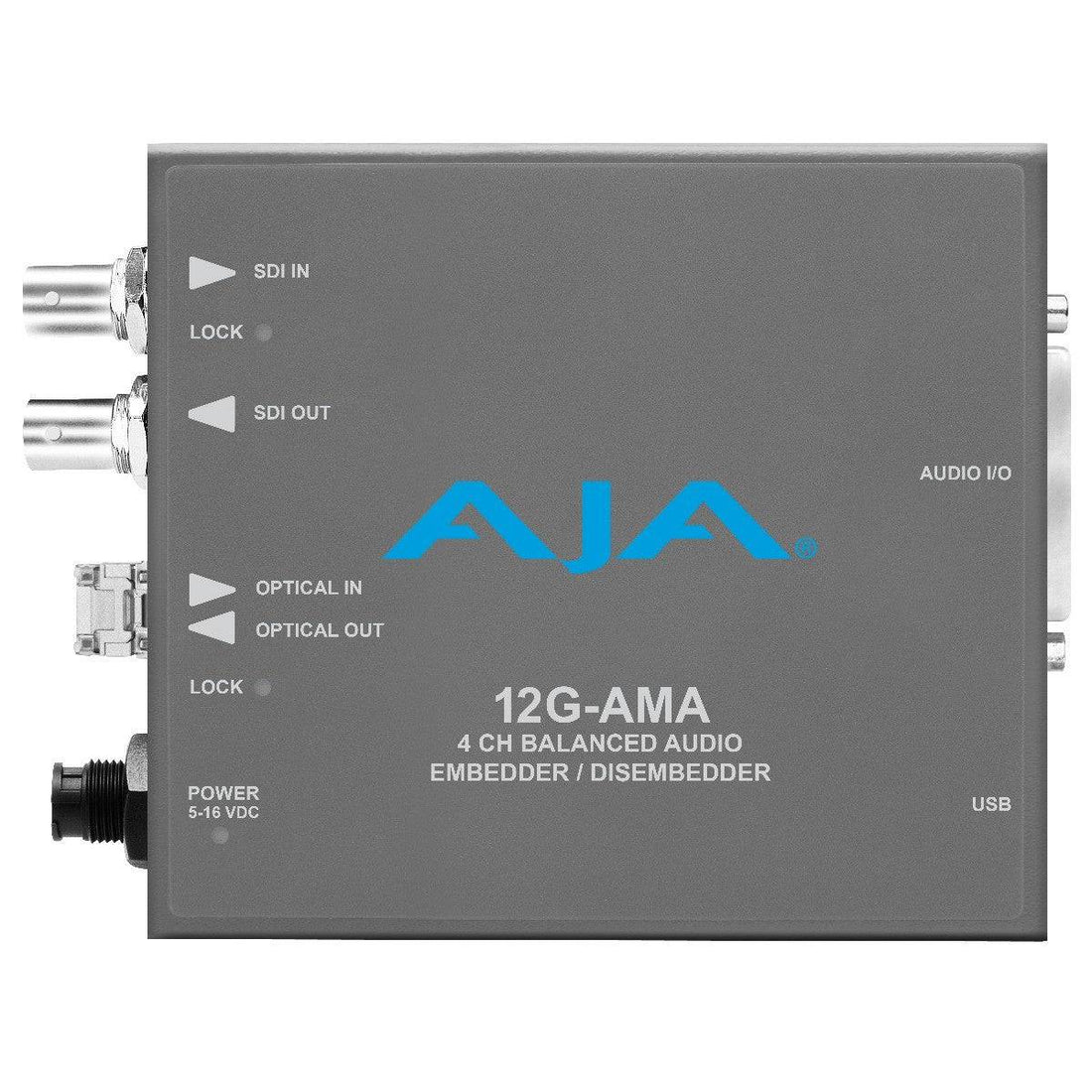 AJA 12G-AMA-T 4-channel analog audio embedder/disembedder video converter with single LC fiber transmitter, shown in the image. – image 1