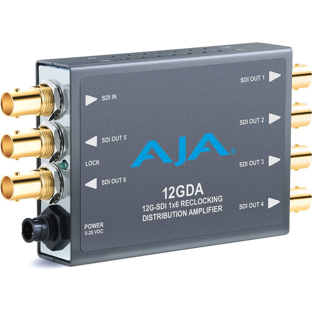 AJA 12GDA 12G-SDI 1x6 Reclocking Distribution Amplifier showing the compact black device with multiple SDI output ports. – image 1