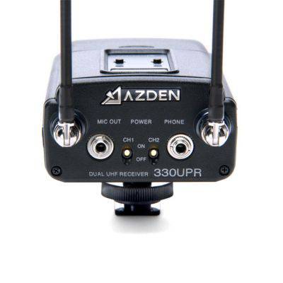 Azden 330UPR UHF dual channel wireless video receiver with connection ports and controls, used for professional audio and video setups. – image 2