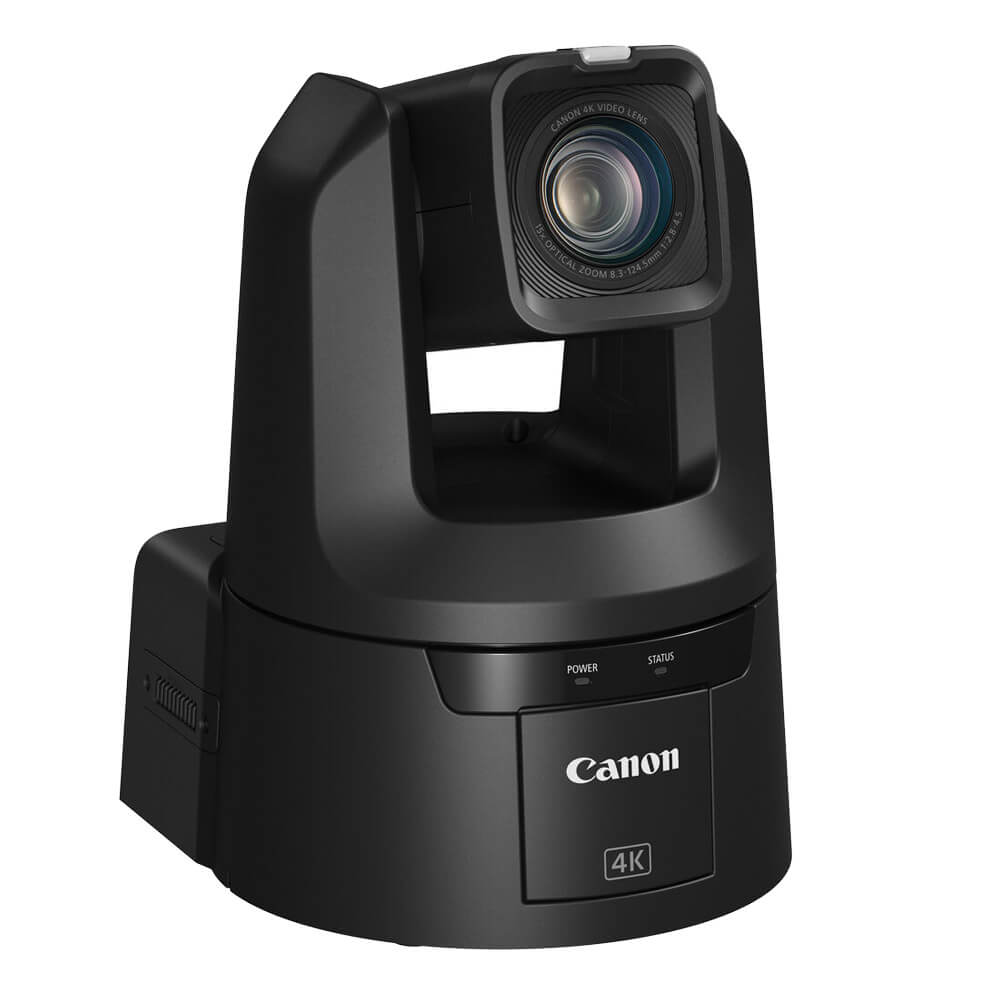 Canon CR-N500 professional 4K NDI PTZ camera with 15x zoom in black, showing the camera's sleek design and control panel. – image 1