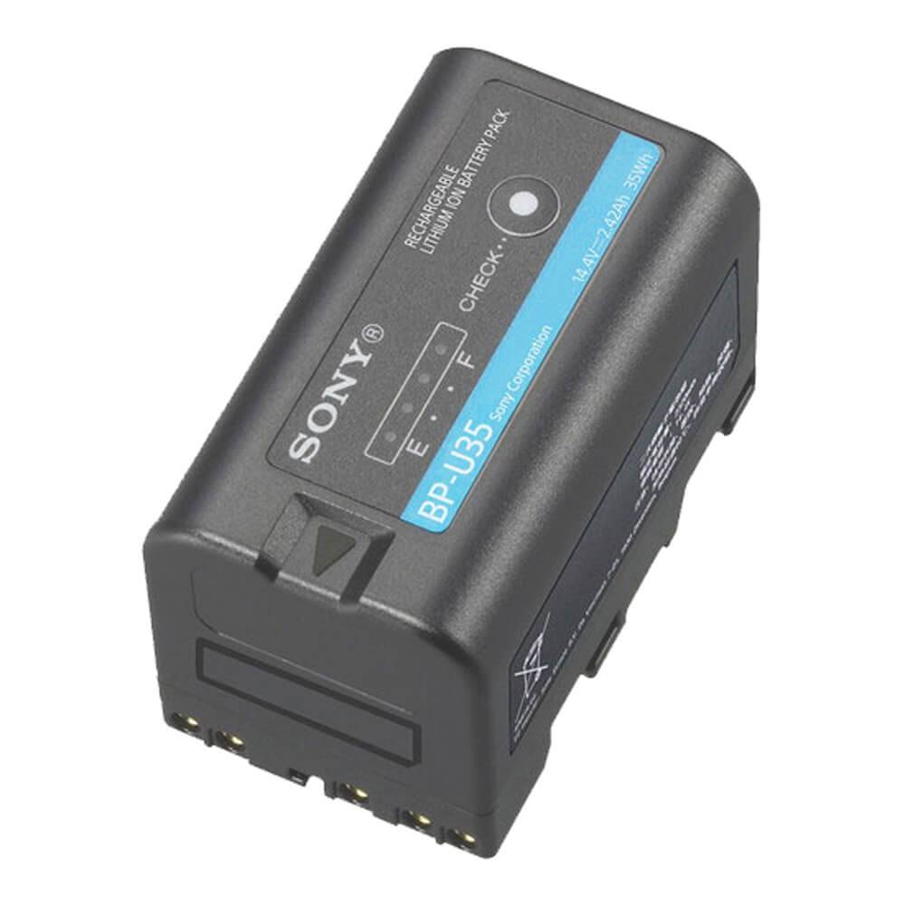Sony BP-U35 lithium-ion battery for video cameras, 14.4V, 35Wh, shown connected to a professional camera. – image 1