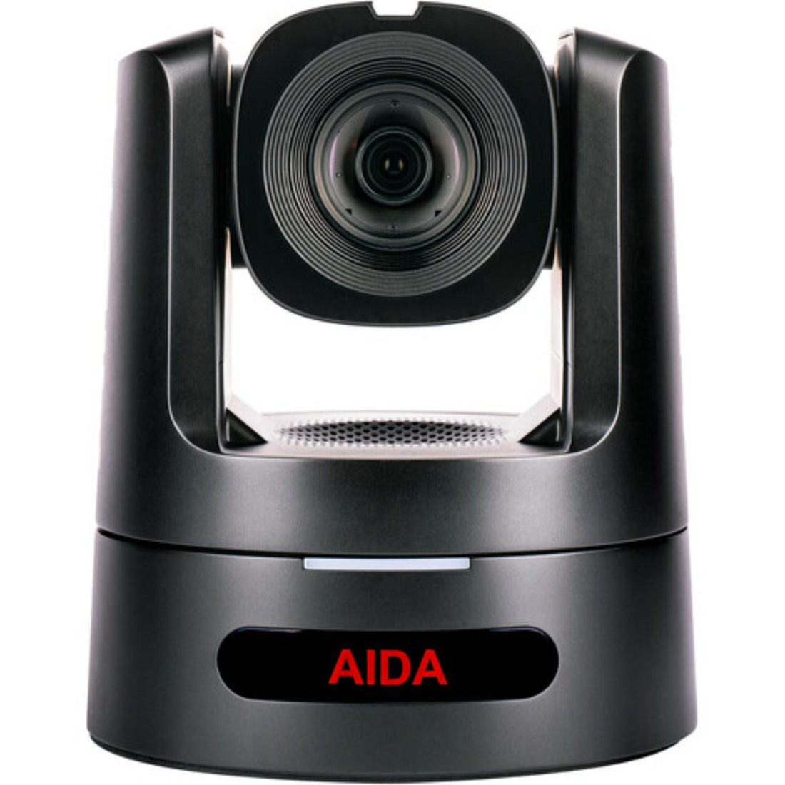 AIDA Imaging 4K NDI|HX3 PTZ camera with 30x optical zoom, 12G-SDI, SFP+ port, black color, front view for broadcast and conference use. – image 1