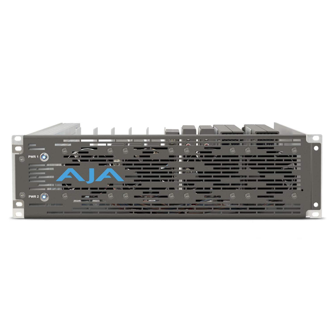 AJA DRM2-PLUS-A2 active 3RU mini-converter frame with redundant power supply mounted on a rack shelf. – image 3