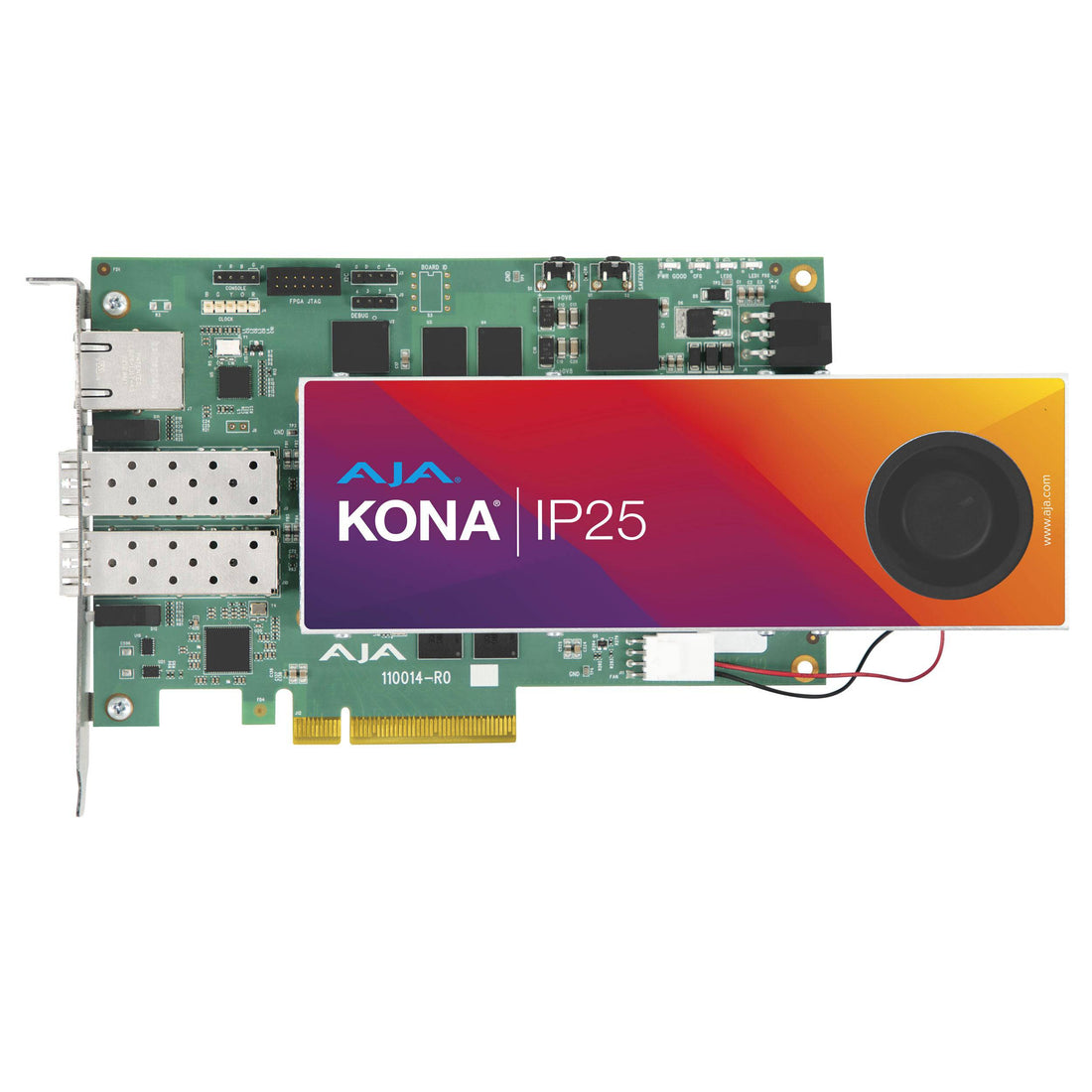 AJA KONA IP25 video capture device shown from the side, featuring professional video input and output ports for live streaming and recording. – image 3