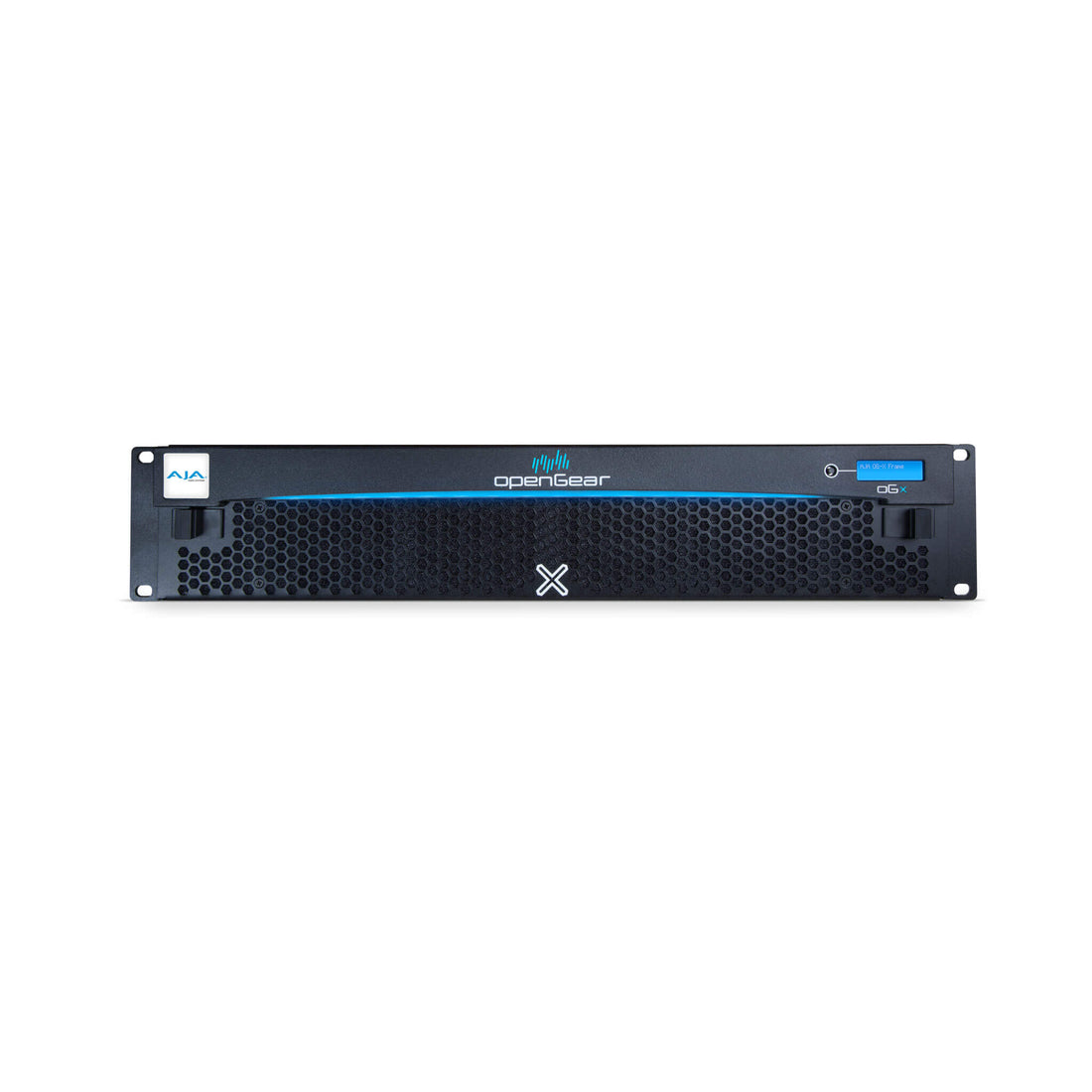 AJA OG-X-FR OpenGear-compatible 2RU rackframe with front view showing metal construction and equipment slots for professional video gear. – image 1