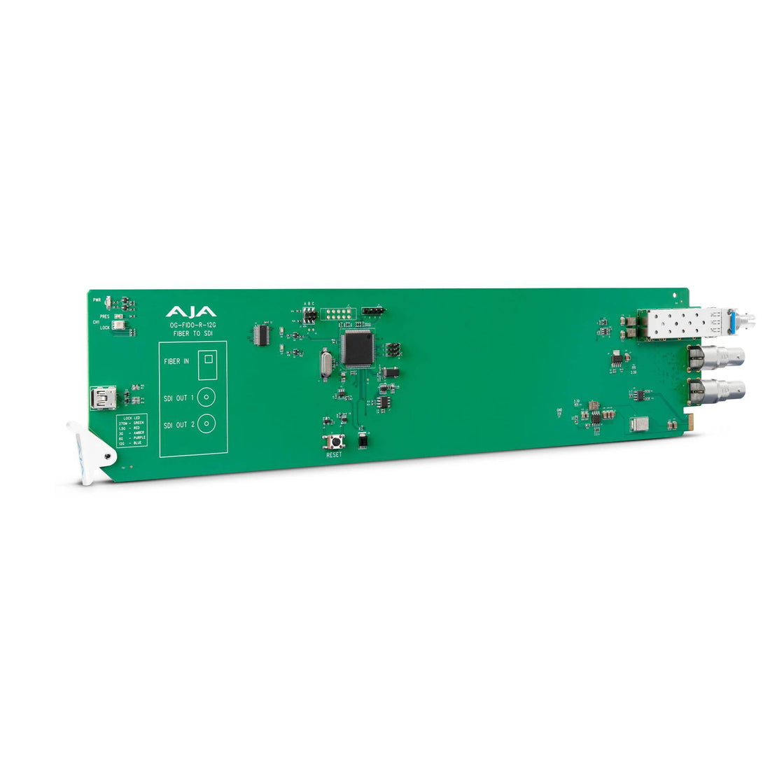 AJA openGear OG-FiDO-R-12G-ST fiber to 12G-SDI receiver with single mode ST connector, front right view. – image 1
