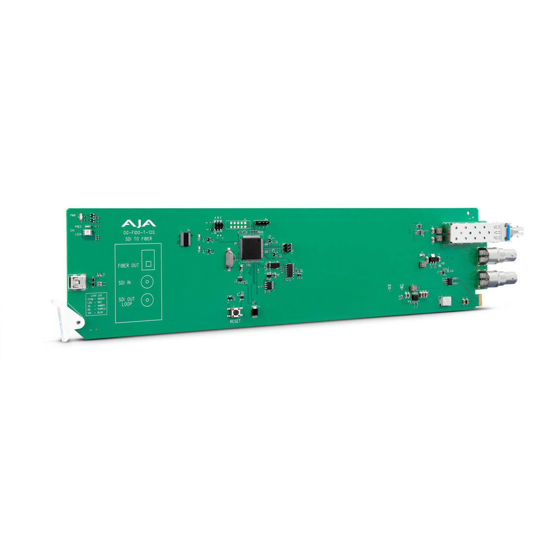 AJA openGear 12G-SDI to fiber ST transmitter, front and right view showing compact design and connection ports. – image 2
