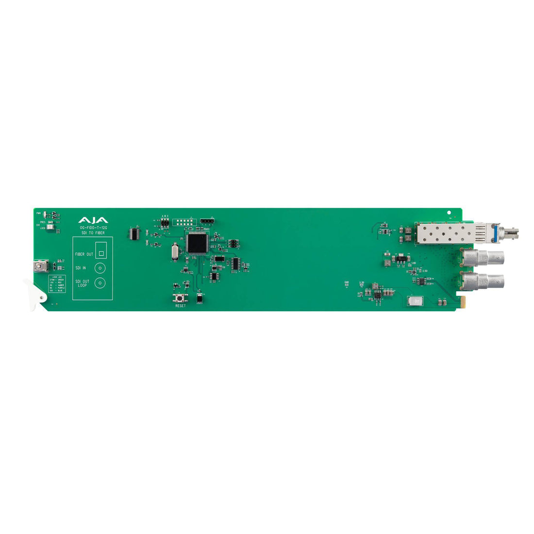 AJA openGear 1-channel 12G-SDI to Single Mode ST fiber transmitter showing front view with connectors and branding. – image 1