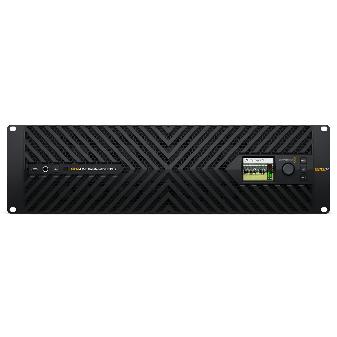 Blackmagic Design ATEM 4 M/E Constellation IP Plus video switcher with front view, featuring multiple control panels and input/output ports. – image 2