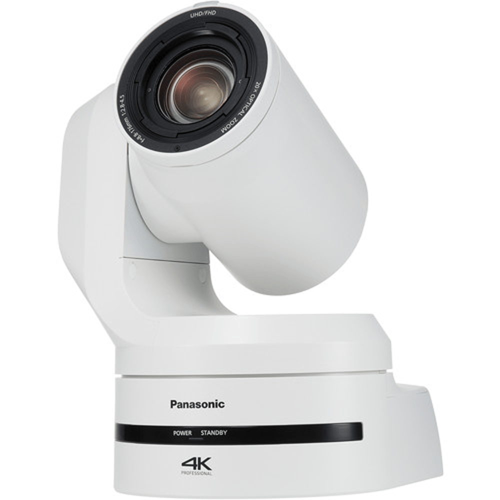 Panasonic AW-UE150A UHD 4K 20x PTZ camera in white, front-left view showing lens and pan-tilt controls – image 5