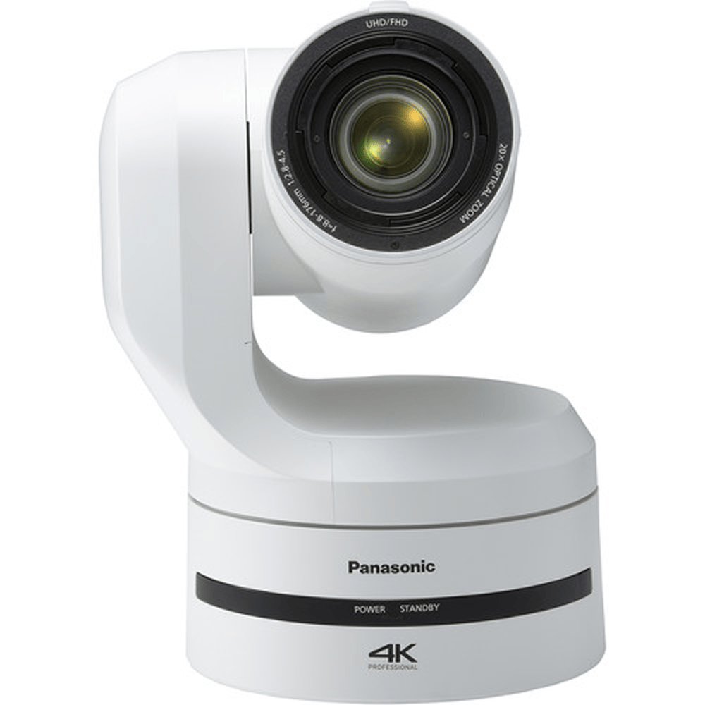 Panasonic AW-UE150A UHD 4K 20x PTZ camera in white, front view showing lens and control panel for professional video capture. – image 3
