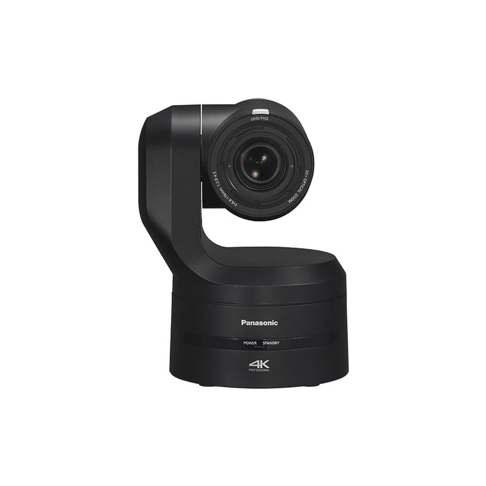 Panasonic AW-UE160 UHD 4K 20x PTZ camera in black, shown from the front, featuring professional zoom and pan capabilities. – image 3