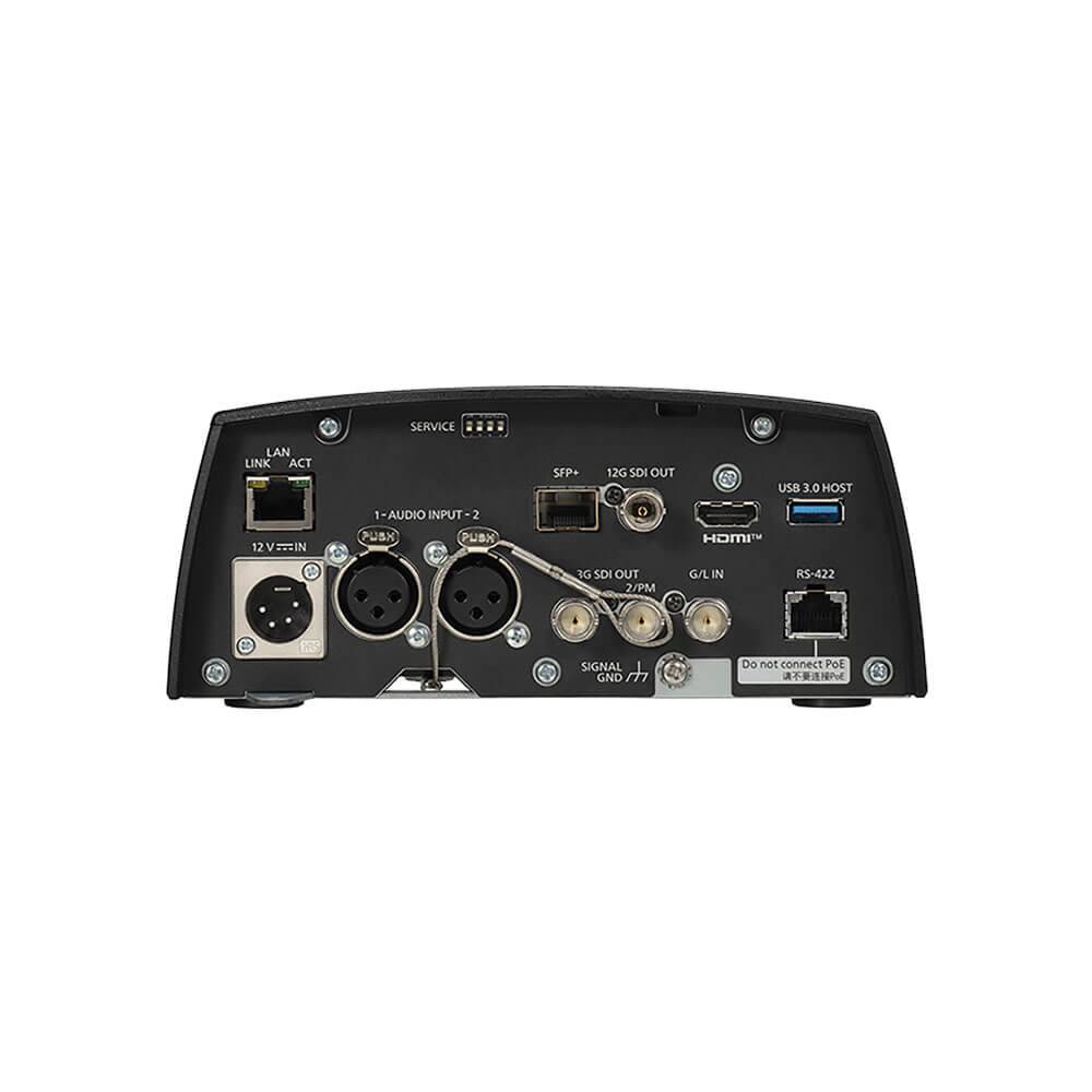 Rear view of Panasonic AW-UE160 UHD 4K 20x PTZ Camera in black showing connection ports and controls. – image 2