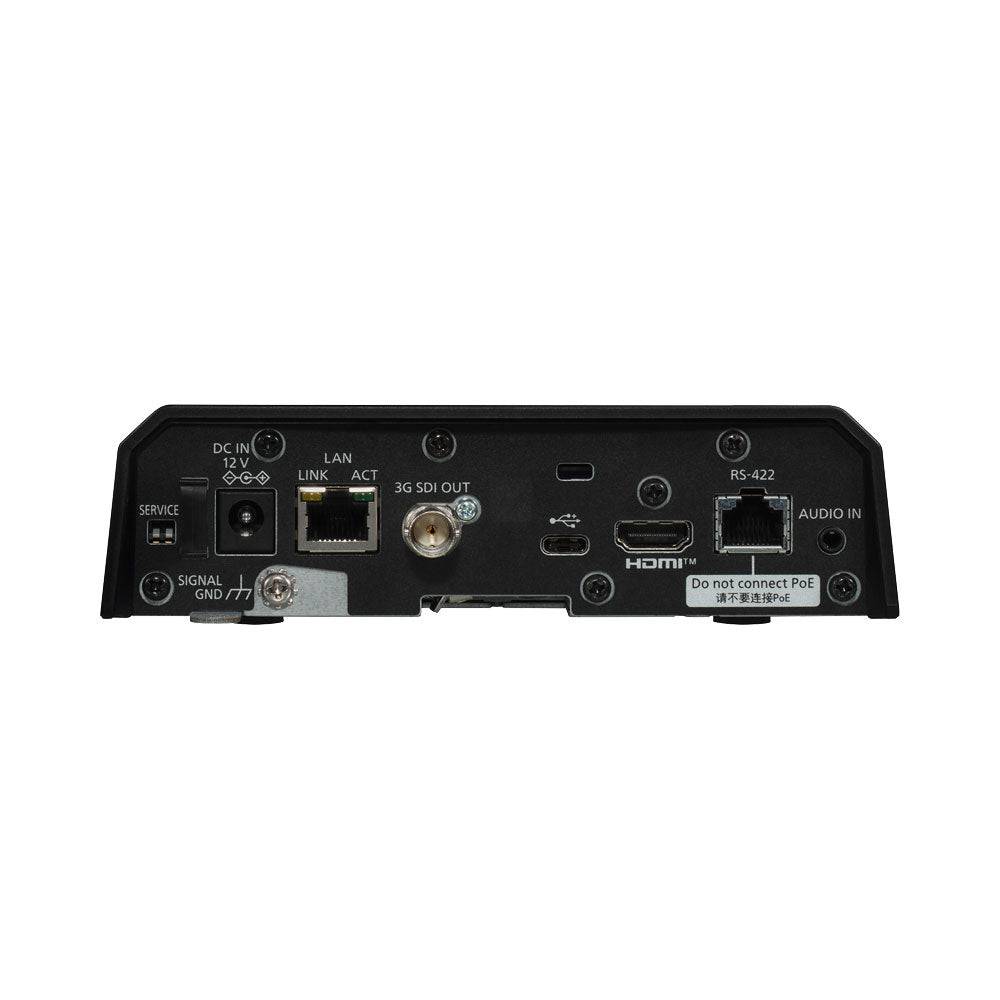 Rear view of Panasonic AW-UE50 4K PTZ camera in white, showcasing SDI and HDMI ports for professional video streaming. – image 5
