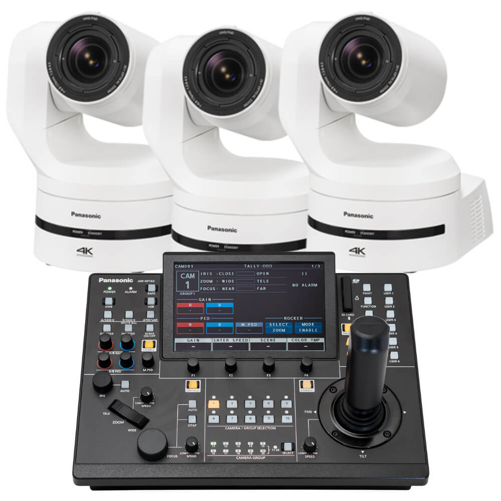 Panasonic AW-UE160 PTZ Camera 3-Pack (White) + AW-RP150 Controller – image 1