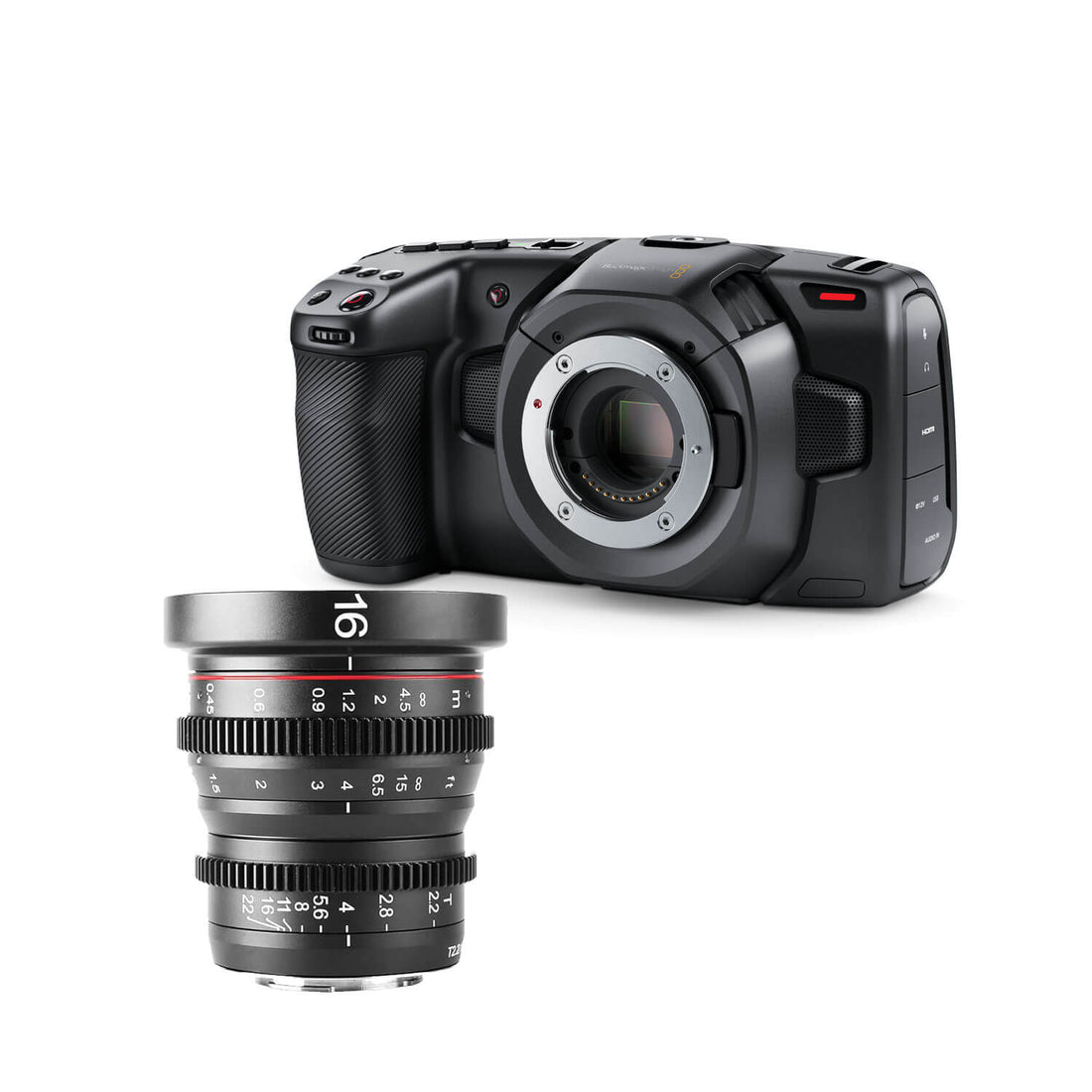 Blackmagic Design Pocket Cinema Camera 4K with 16mm lens in MFT mount, showing front view of the compact cinema camera. – image 15