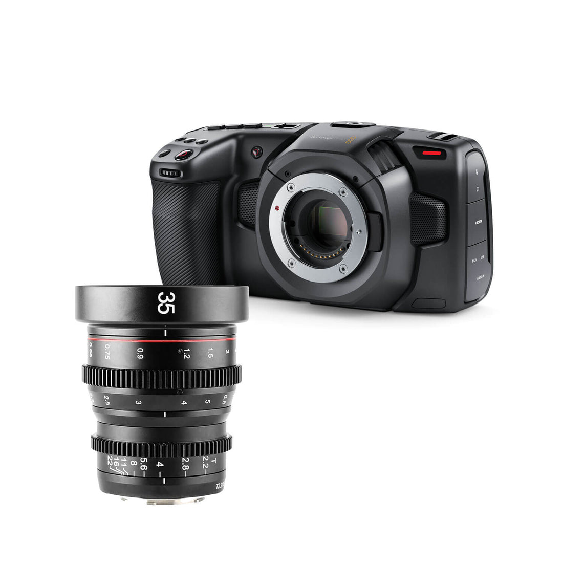 Blackmagic Design Pocket Cinema Camera 4K with 35mm MFT lens kit, showing the compact cinema camera and accessories. – image 16
