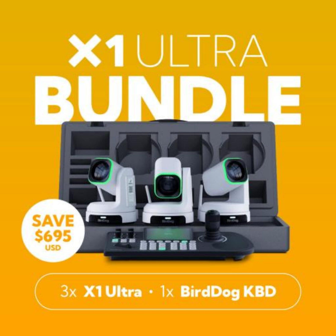 Three BirdDog X1 Ultra PTZ cameras with white KBD keyboard bundle, showcasing professional-grade video equipment and control accessories. – image 1