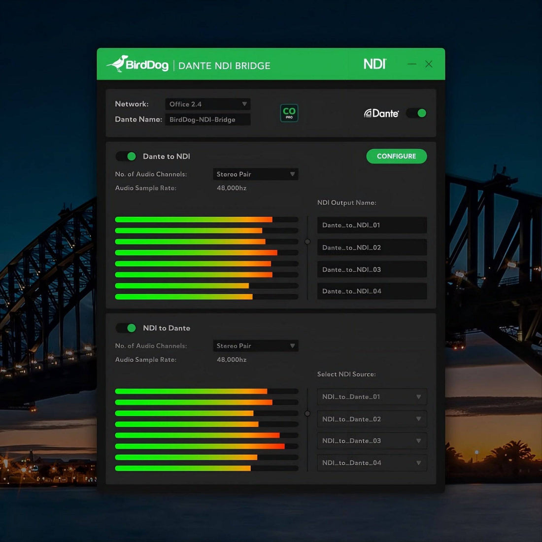 BirdDog Dante NDI Bridge interface showing software dashboard with connection options and network settings for professional video streaming – image 1