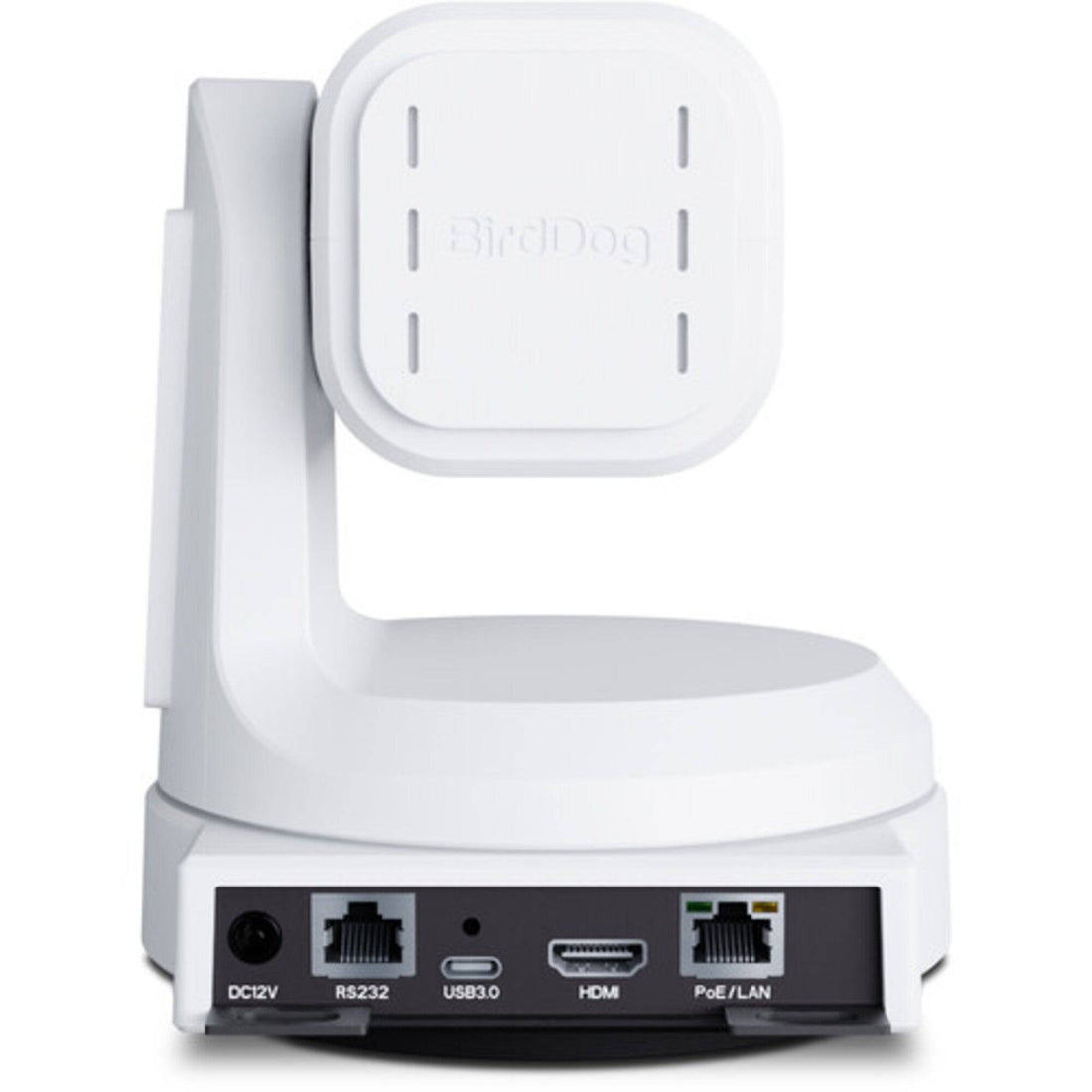 BirdDog Max 12X PTZ Camera in white, showing front and side view with adjustable lens and sleek design for professional video production. – image 6