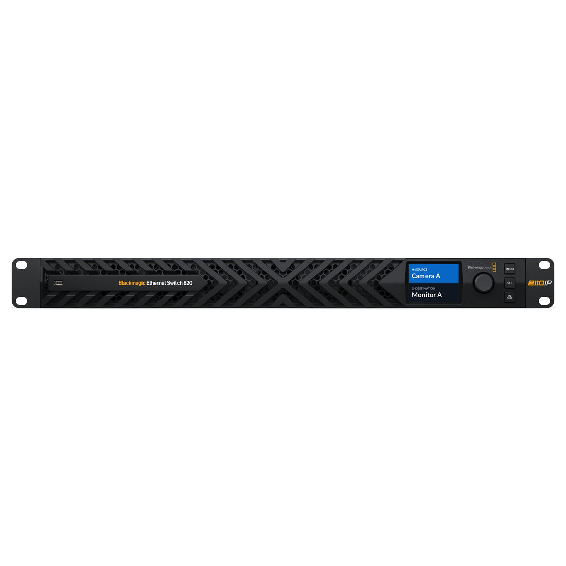 Blackmagic Design Ethernet Switch 820 front view showing multiple Ethernet ports and sleek black chassis for network connectivity. – image 2