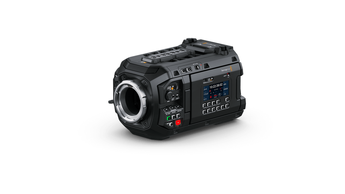 Blackmagic Design URSA Cine 17K cinema camera shown from an angled view, highlighting its professional design and large sensor. – image 4