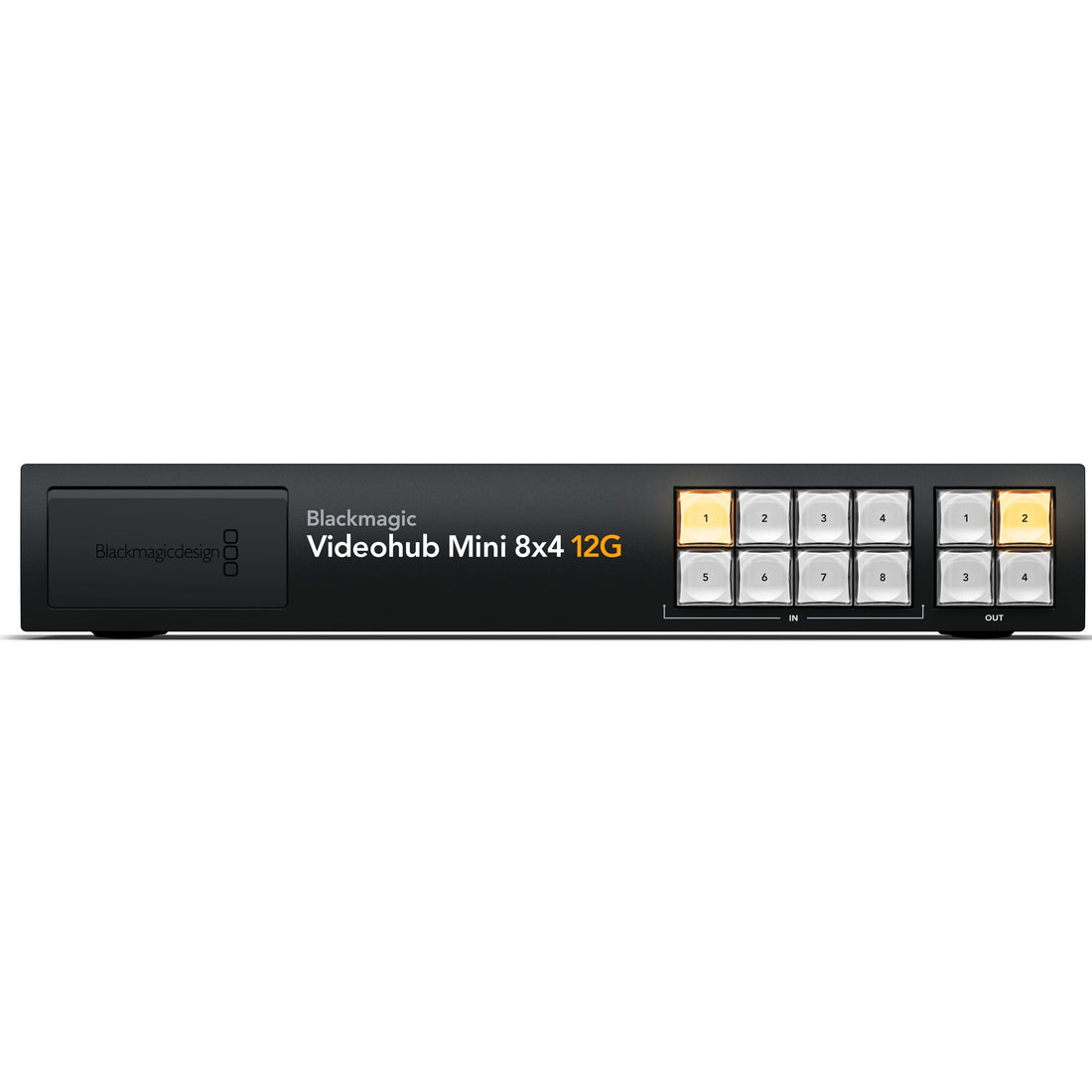 Blackmagic Design Videohub Mini 8x4 12G video router with front view showing ports and control panel. – image 2