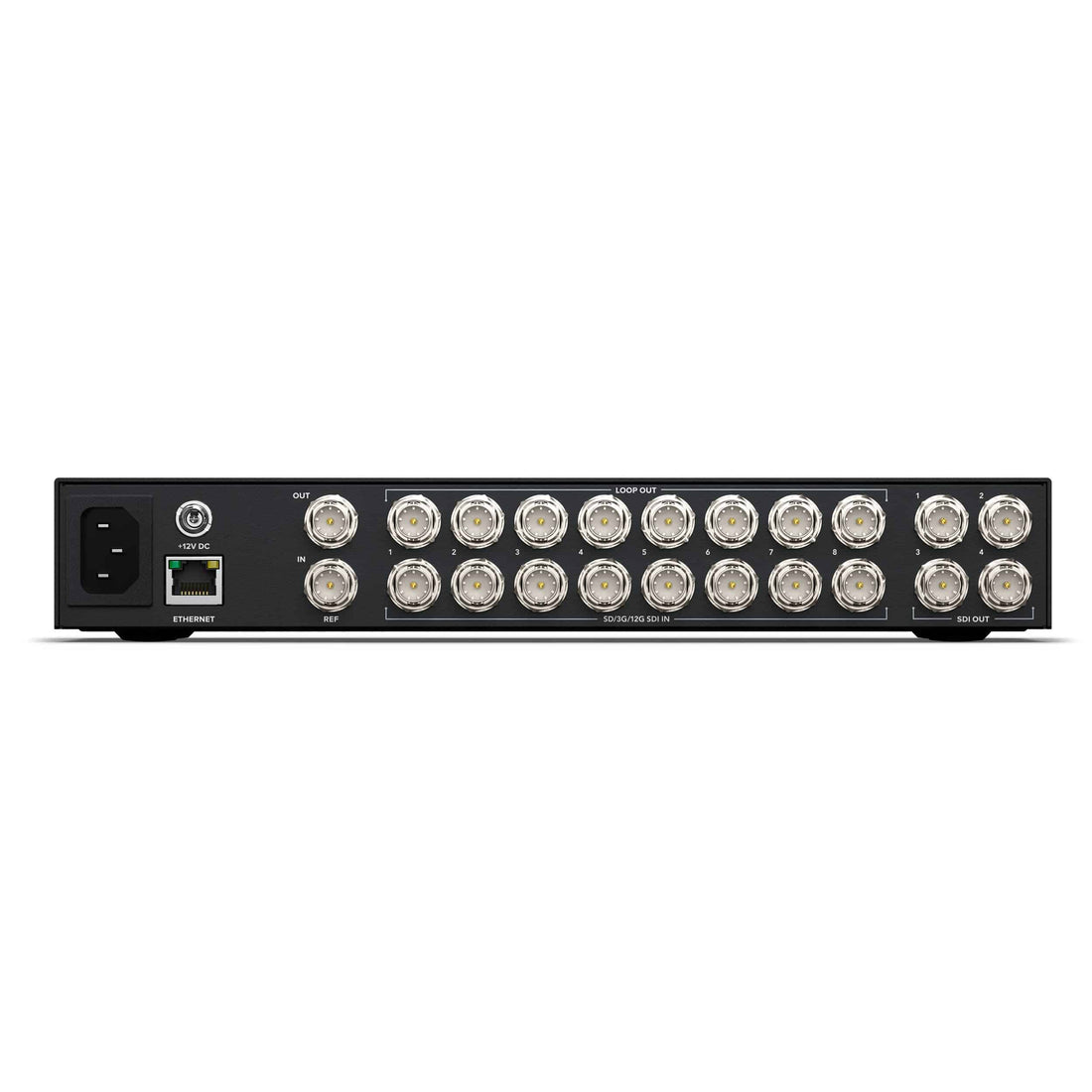 Rear view of Blackmagic Design Videohub Mini 8x4 12G video router showing input and output ports for professional video signal routing. – image 3