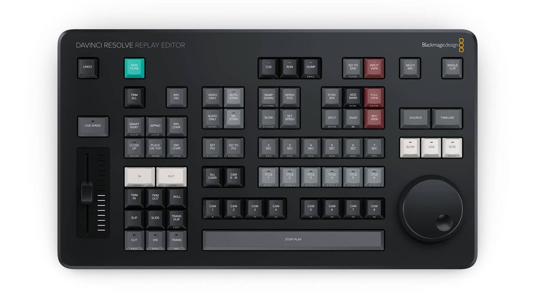 Blackmagic Design DaVinci Resolve Replay Editor control panel with buttons and knobs for video editing and playback control. – image 3