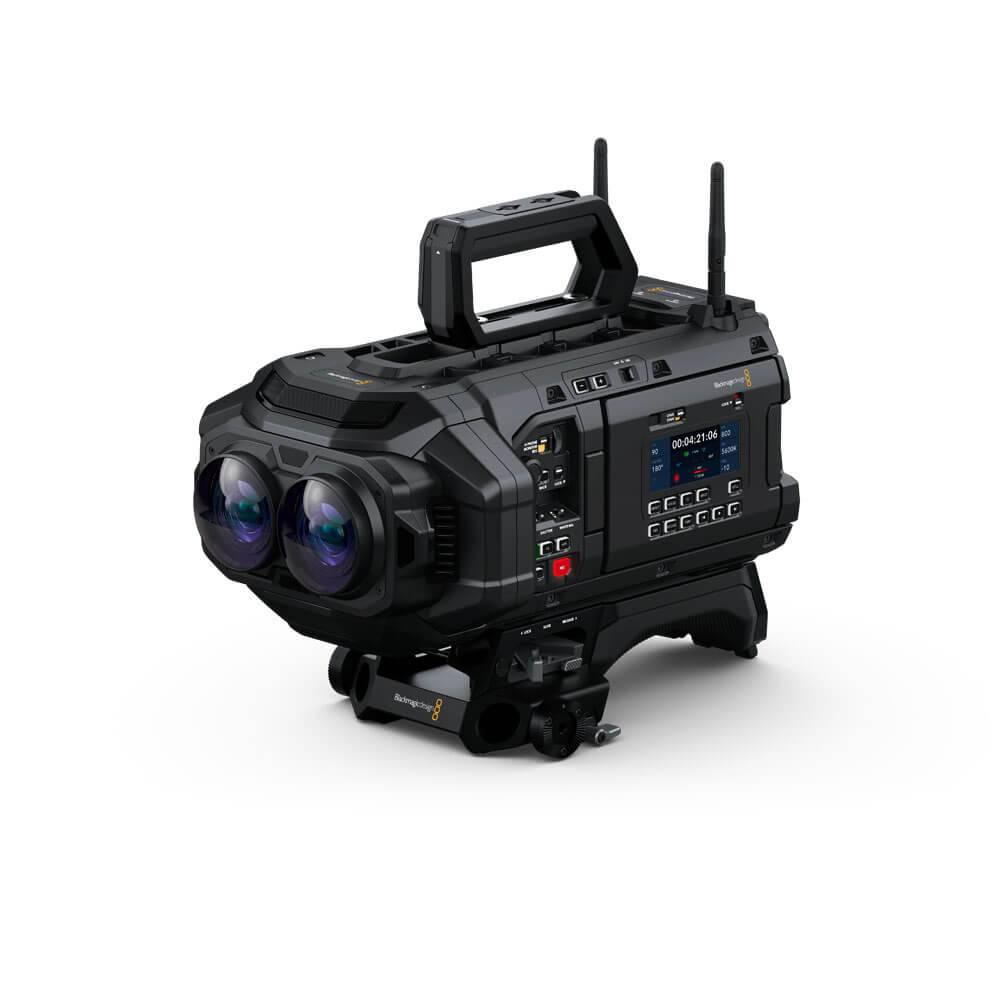 Blackmagic Design URSA Cine Immersive Cinema Camera shown from front angle, featuring professional lens and sleek black body. – image 1