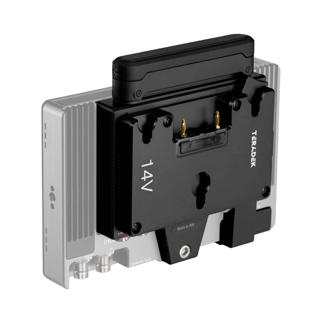 Teradek Bolt 6 Monitor Module 750 Wireless Video Receiver with internal antenna and gold mount for professional video monitoring. – image 1