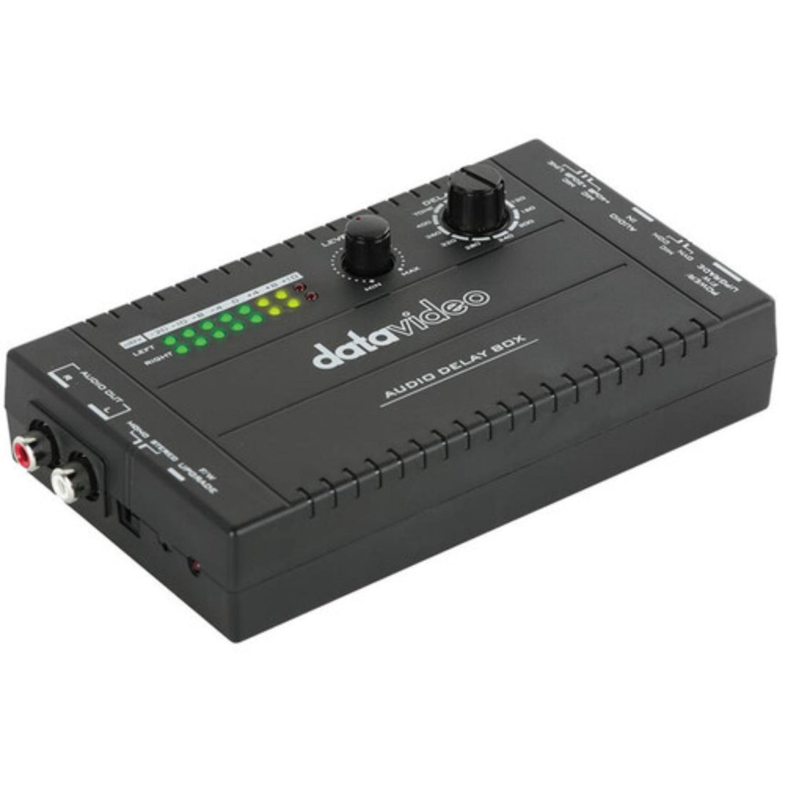 Top view of the Datavideo AD-10 Audio Delay Box showing control buttons and input/output ports. – image 1