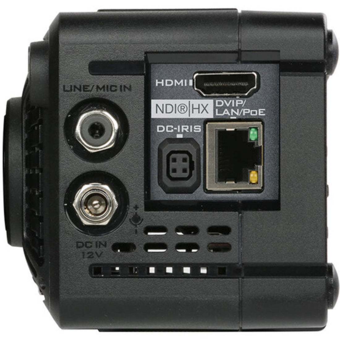 Side view of Datavideo 4K NDI-HX CS Mount POV camera showcasing its compact design and professional camera features. – image 2
