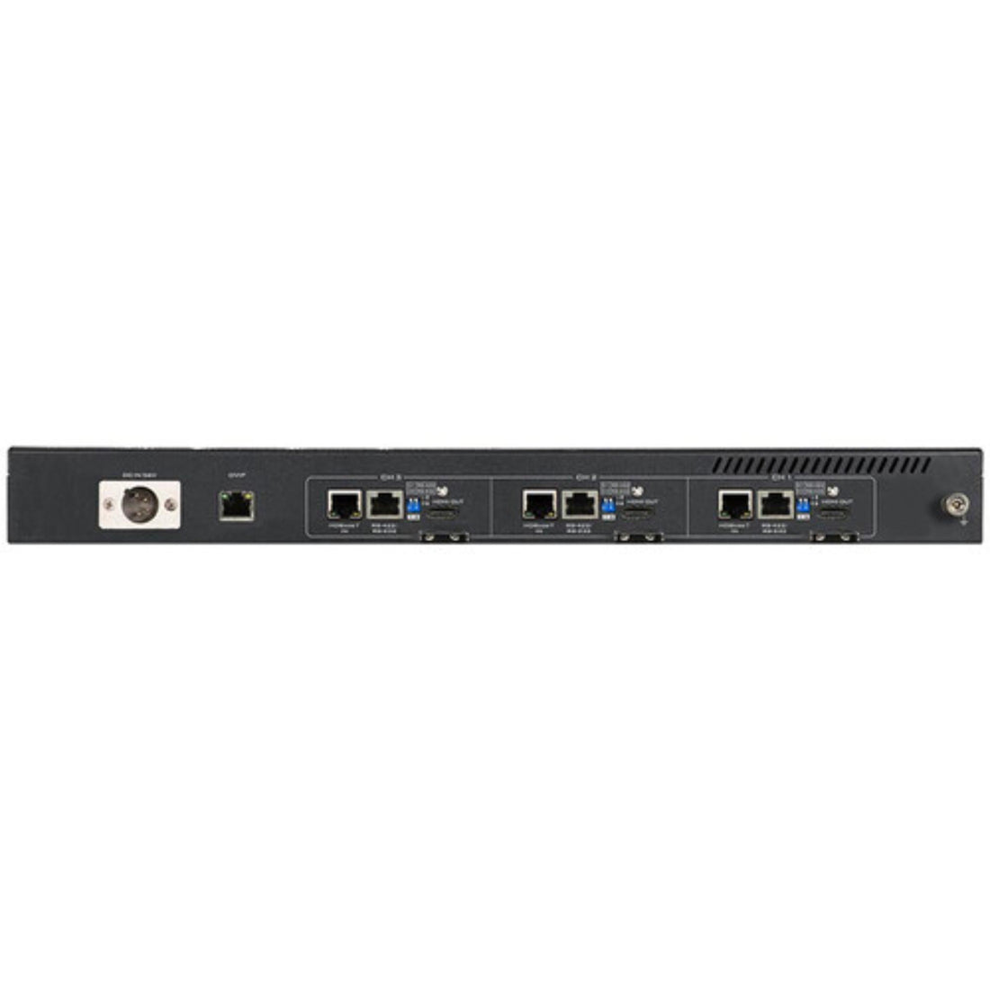 Rear view of Datavideo HBT-30 3-channel long-range HDBaseT receiver with HDMI outputs for extending high-definition video signals. – image 2
