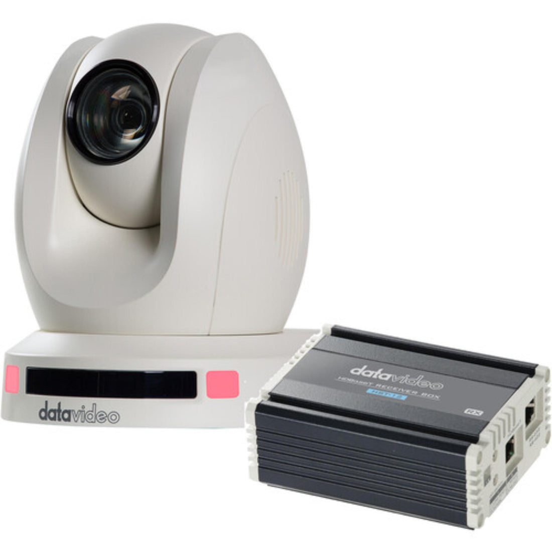 Datavideo HDBaseT PTZ camera with 20x optical zoom and white HBT-12 receiver box, showing camera lens and receiver connection. – image 1