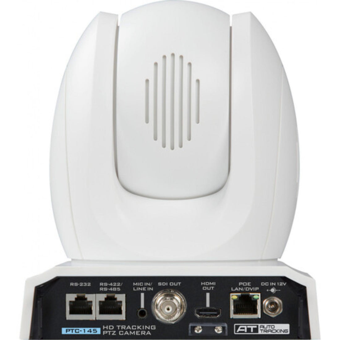 Rear view of Datavideo PTC-145 HD-SDI/HDMI 20x PTZ camera with auto tracking in white, showing lens and control panel. – image 2