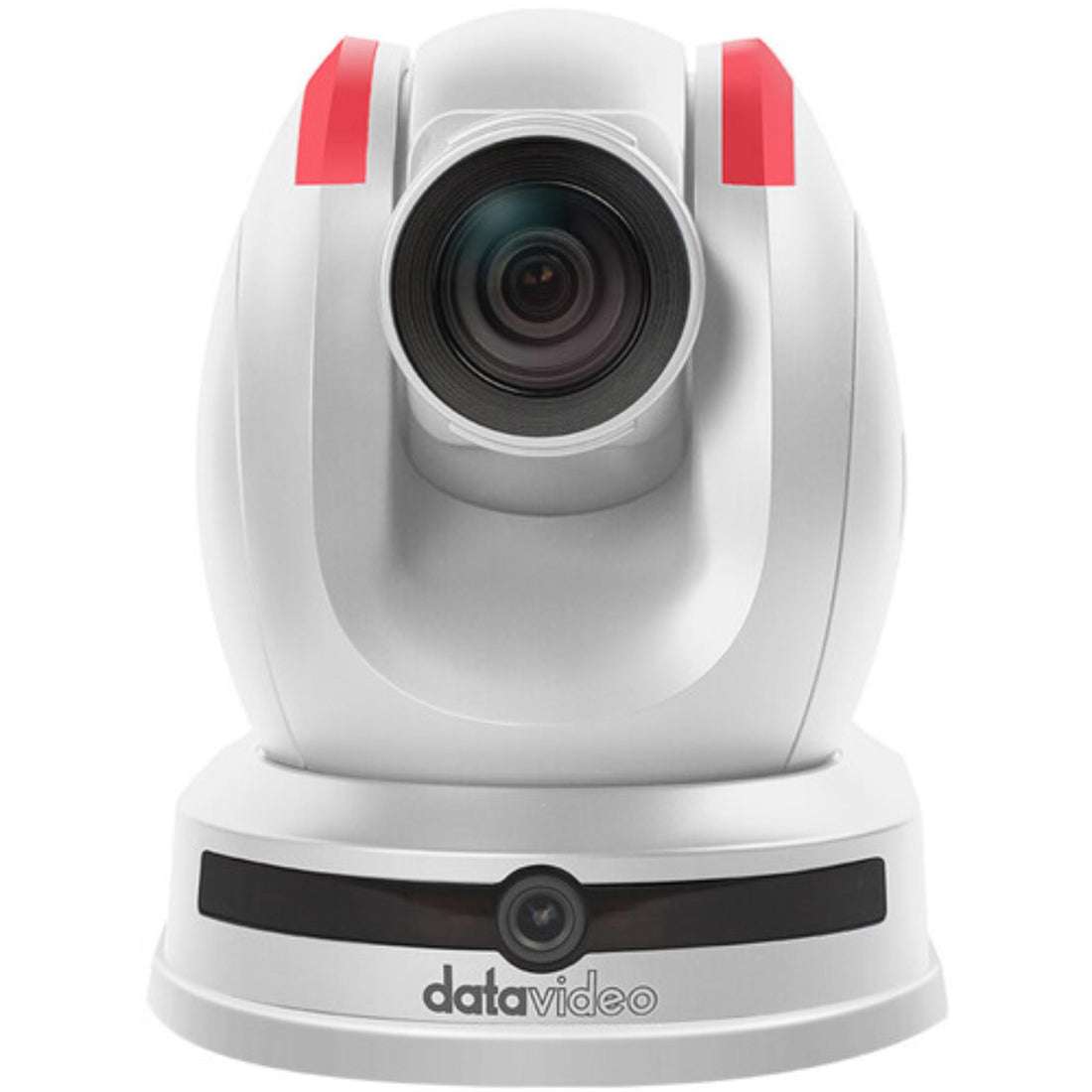 Front view of Datavideo PTC-155 PTZ Camera in white with 30x optical zoom, featuring SDI, HDMI, UVC, and NDI auto-tracking capabilities. – image 1