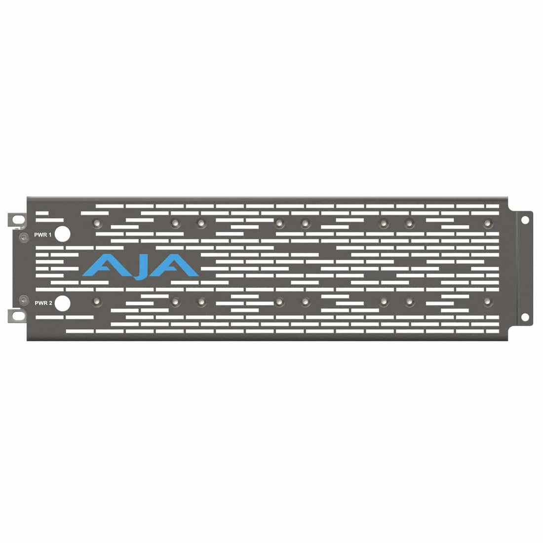 AJA DRM2-PLUS-P2 passive 3RU rack shelf with redundant power supply, metal frame, and mounting brackets for professional AV equipment. – image 2