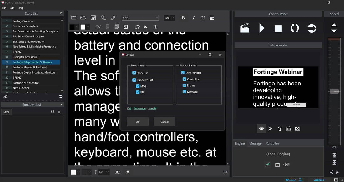Fortinge ForPrompt Studio News-DL teleprompter software interface displayed on screen with script scrolling – image 2