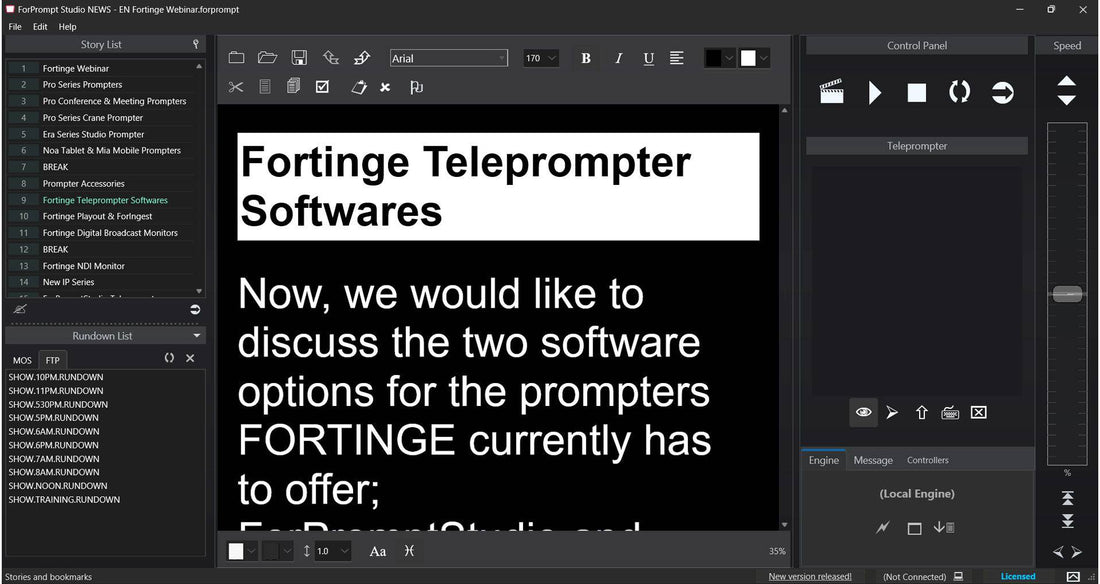 Fortinge ForPrompt Studio News-DL teleprompter software interface on screen, showing text display and control options. – image 1