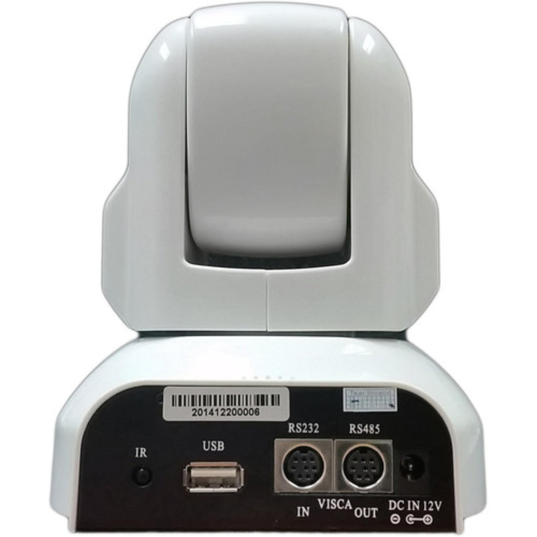 HuddleCamHD 3x optical zoom PTZ USB camera in white with rear view, featuring pan-tilt-zoom capabilities for video conferencing. – image 2