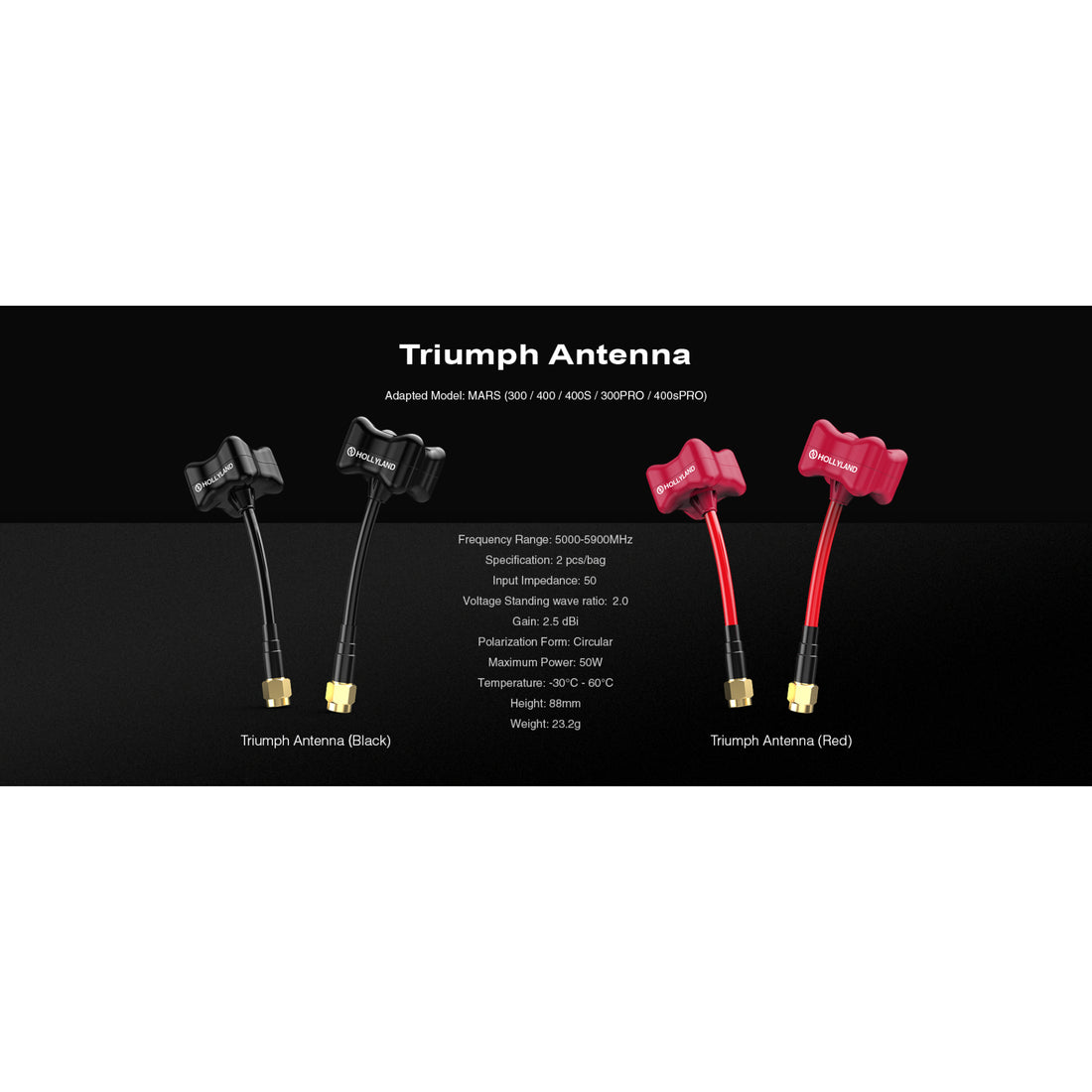 Red Hollyland Triumph antenna with detailed specifications, designed for improved signal reception and durability. – image 2