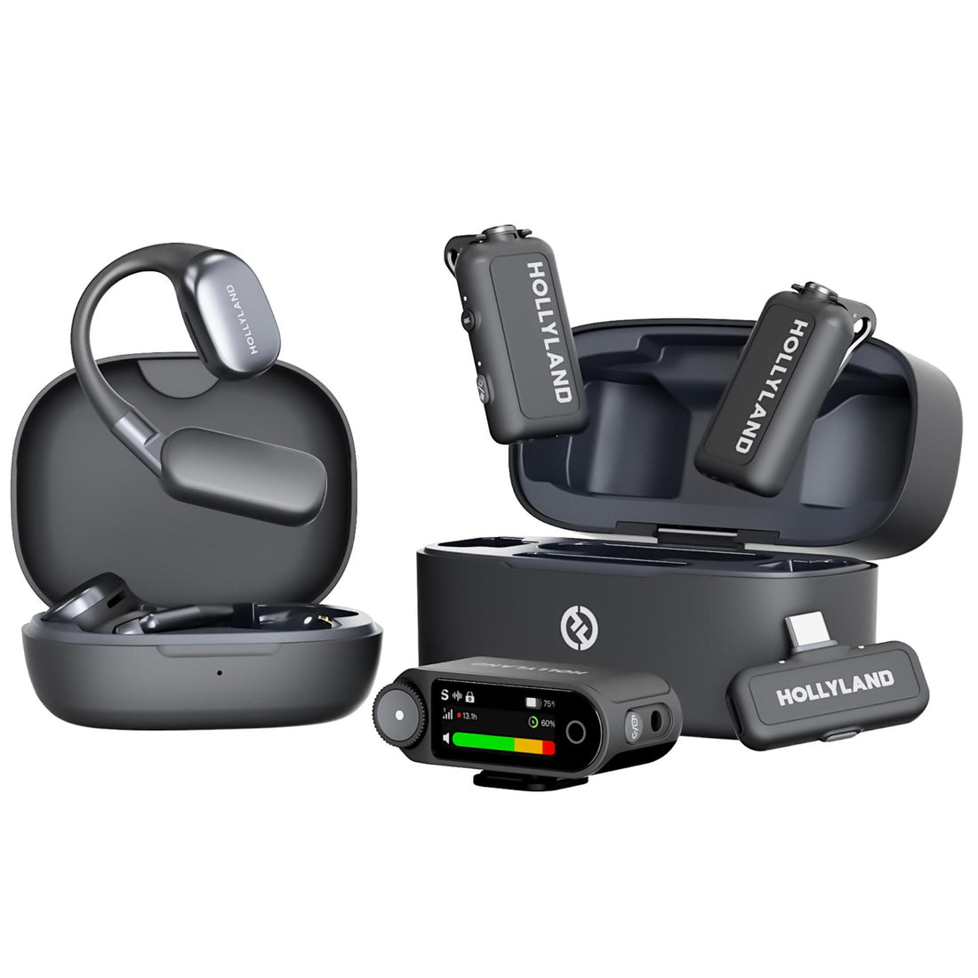 Hollyland LARK MAX 2 Ultimate Combo wireless microphone system with OWS monitor earphone, camera RX, and USB-C RX in space gray. – image 1