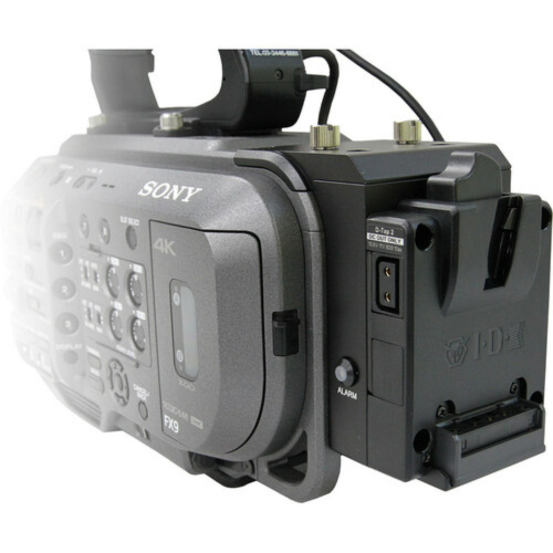 IDX System Technology A-DCFX9 V-mount adapter attached to Sony PXW-FX9 camera, side view showing mounting and connection details. – image 8