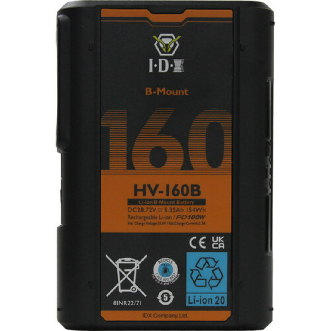 IDX System Technology HV-160B high-load 28.8V Li-Ion B-Mount battery with dual D-Tap and USB-PD ports, front view. – image 1