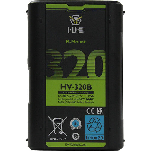 IDX System Technology HV-320B 28.8V high-load Li-Ion B-mount battery with dual D-Tap and USB-PD ports, front view. – image 1