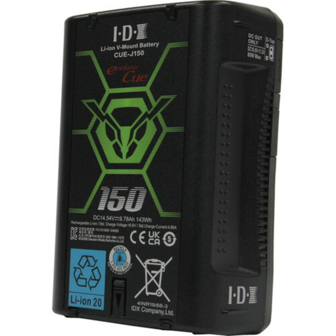 IDX System Technology CUE-J150 V-mount battery with 143Wh capacity, showing front and right side view. – image 4