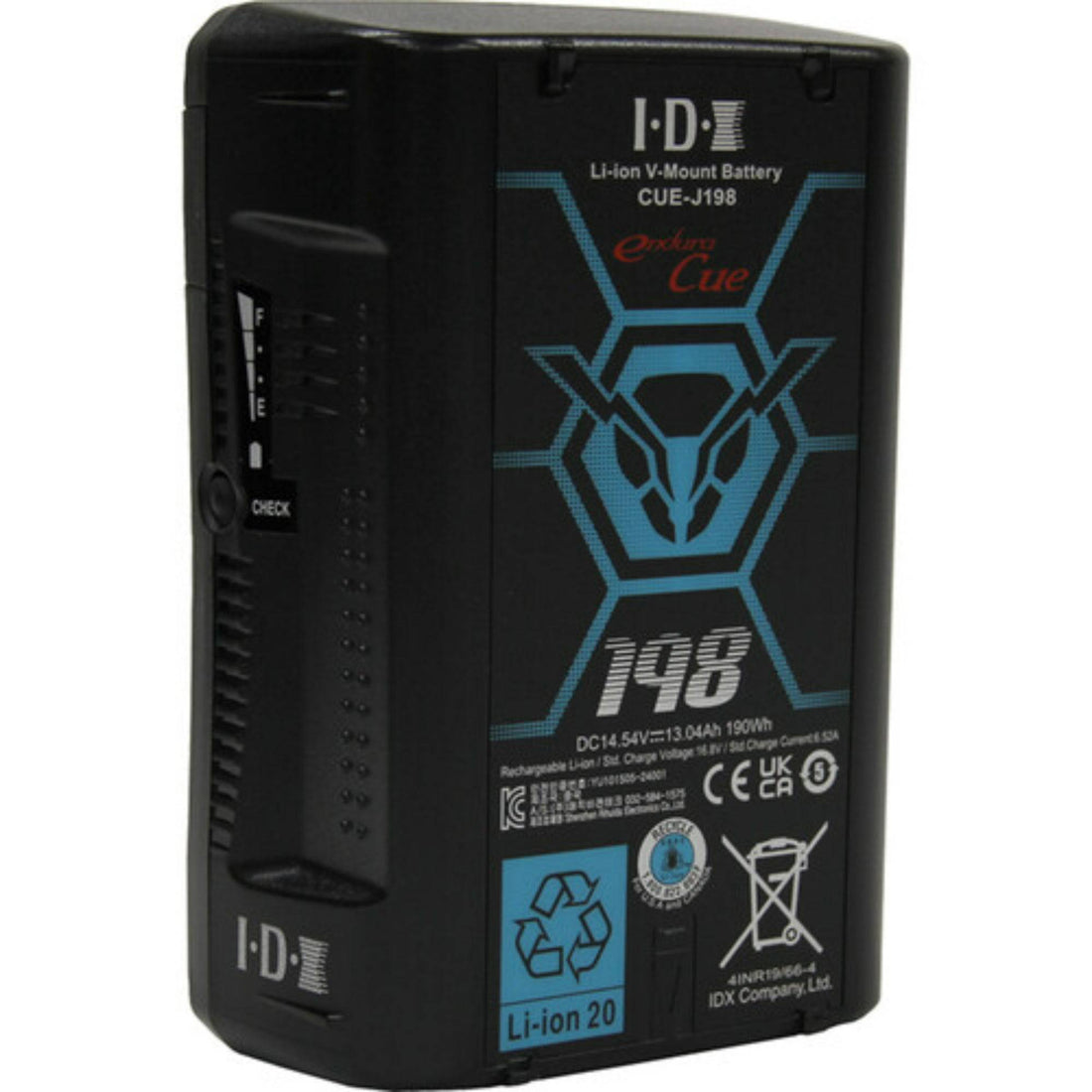 IDX System Technology CUE-J198 V-mount battery with 190Wh capacity, shown from the right view. – image 2