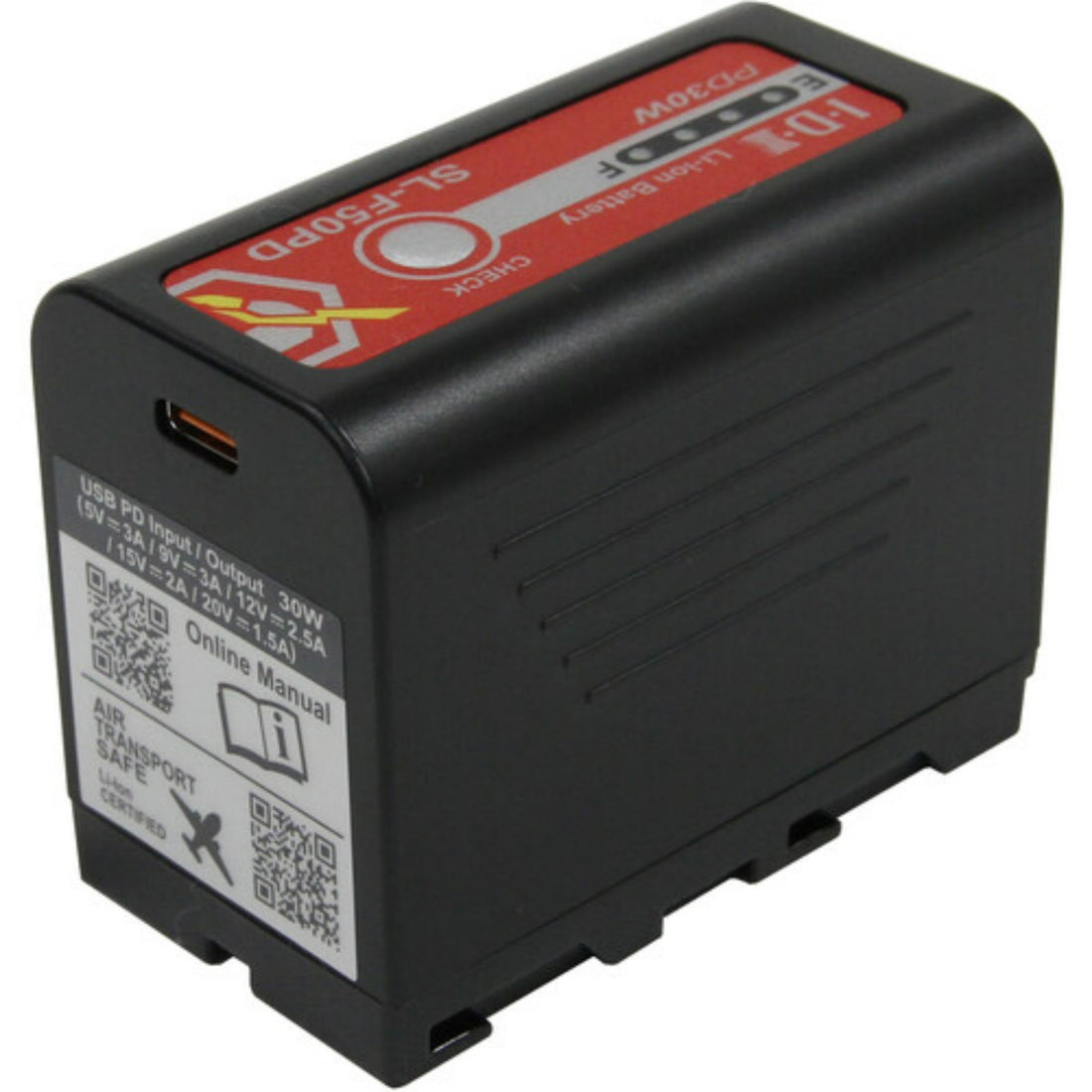 IDX System Technology SL-F50PD Sony L-Series battery with USB-C PD and X-Tap, shown from a top diagonal perspective. – image 4